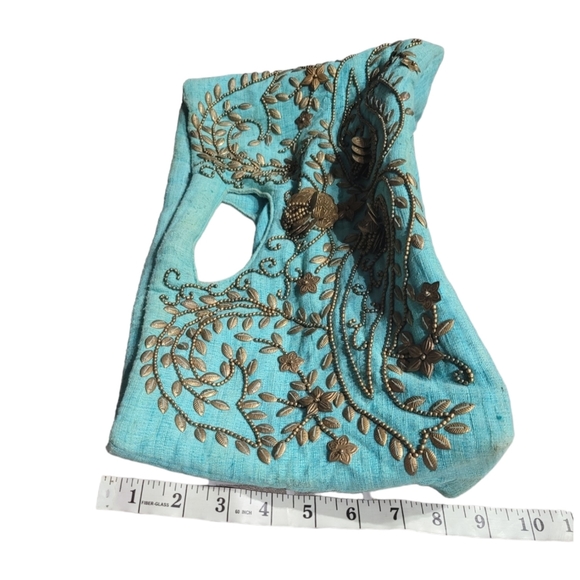 Moyna Beaded Textile Purse Handbag, Teal, Gold Beads - Picture 11 of 12